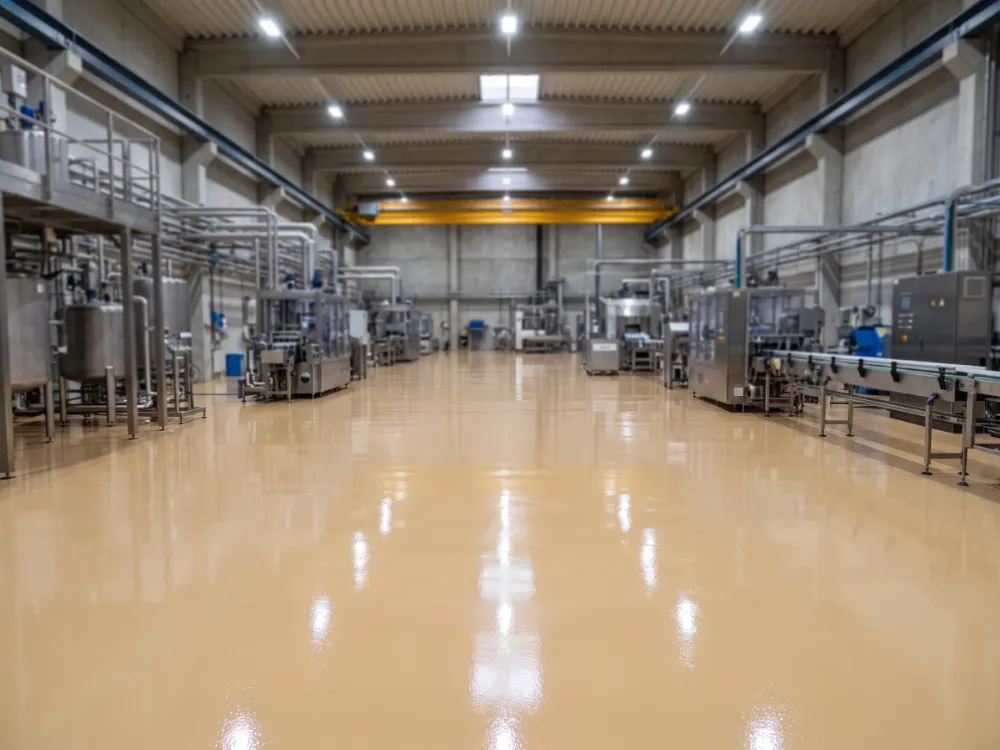 Industrial production area with a high-build solid tan epoxy floor under high-bay lighting