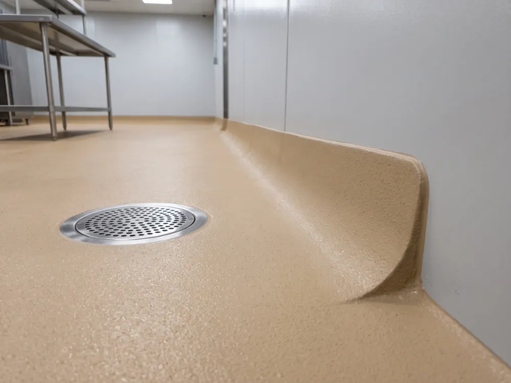 Seamless integral cove base where a tan urethane cement floor curves up the wall near a drain