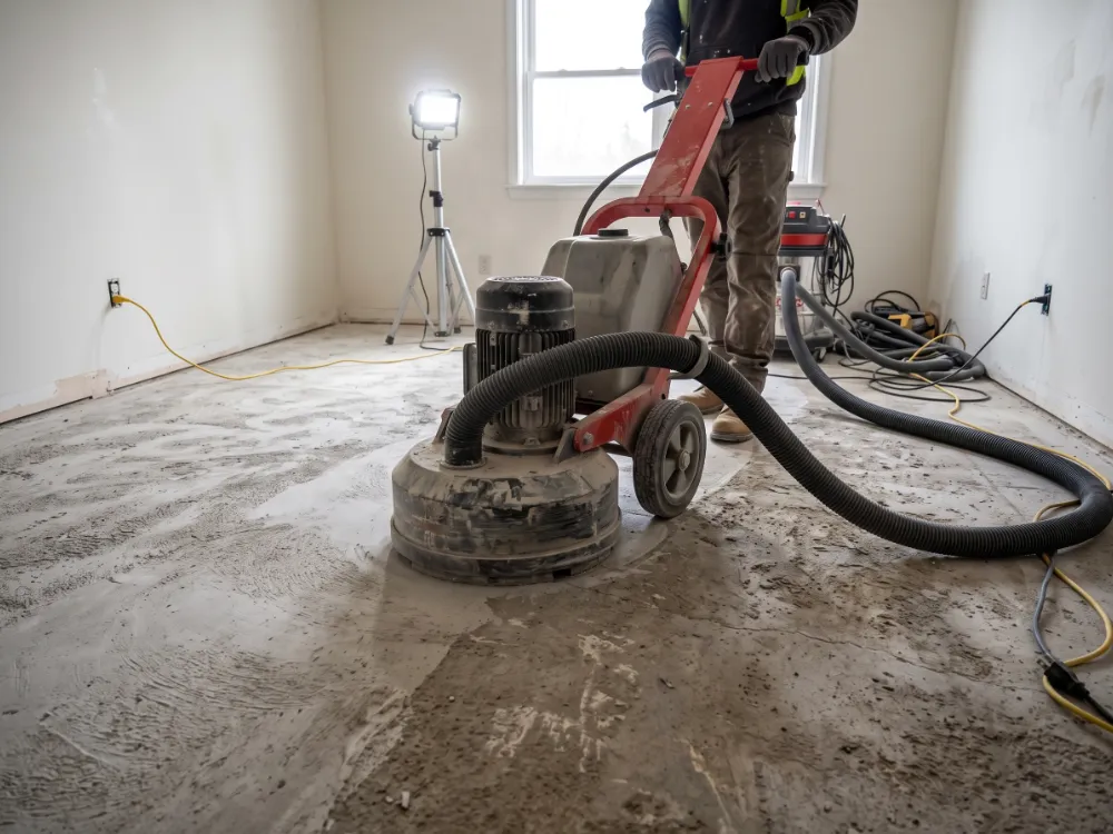 Walk-behind concrete grinder with dust vacuum preparing a residential room slab for coating
