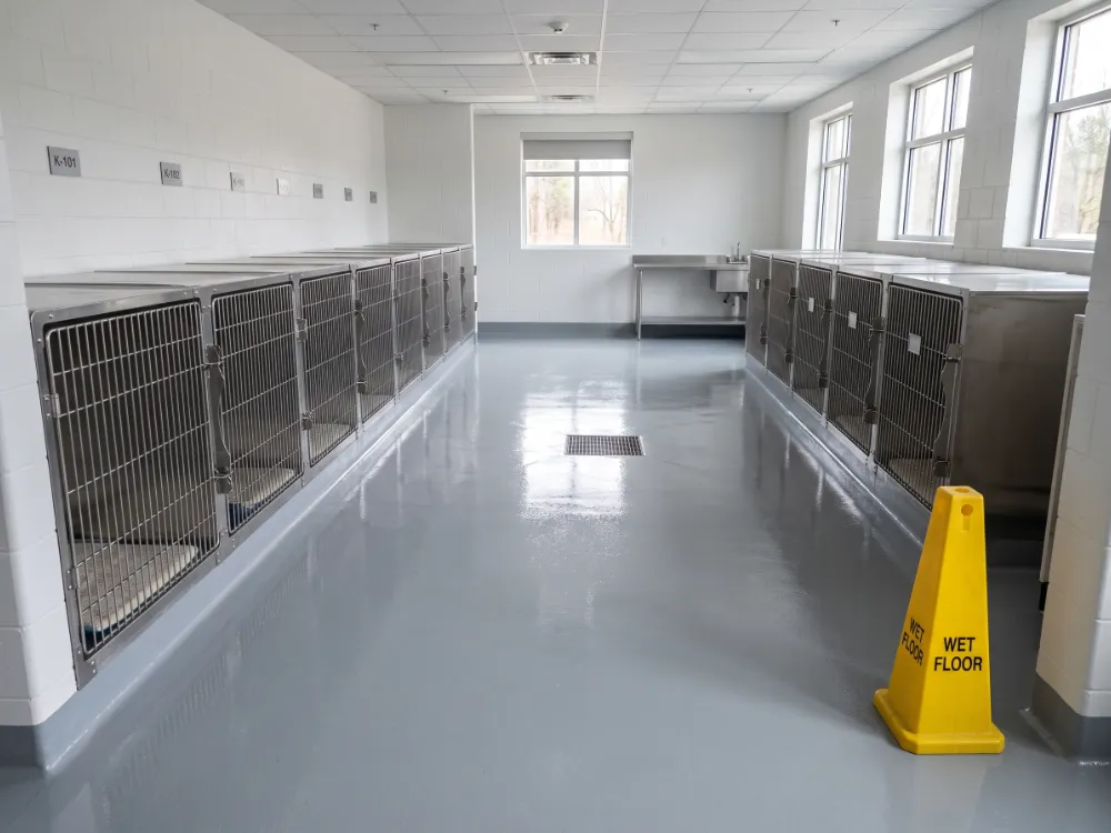 Empty kennel room with a freshly coated seamless coved floor drying over a weekend