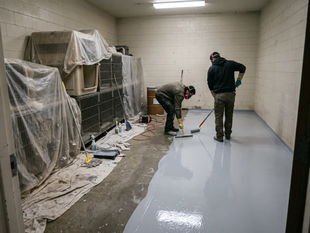 Technicians coating a kennel room over a weekend