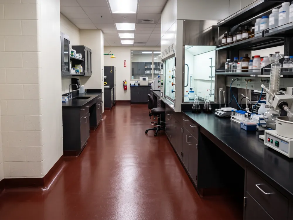 Laboratory with a Novolac epoxy floor and fume hood