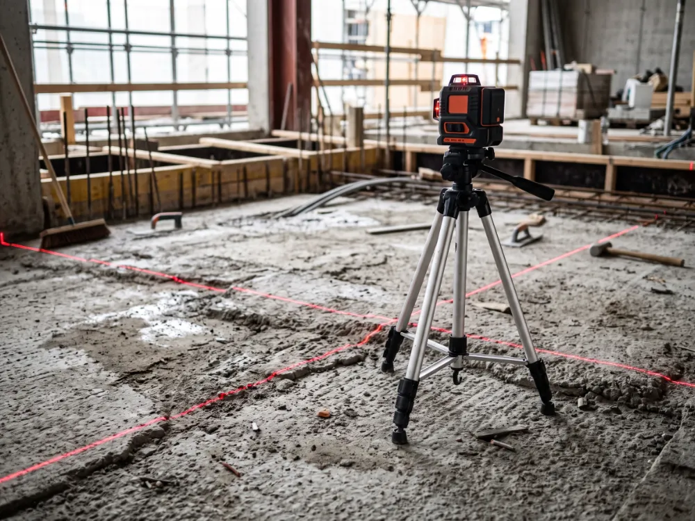 Laser level projecting a line across an uneven concrete slab before leveling