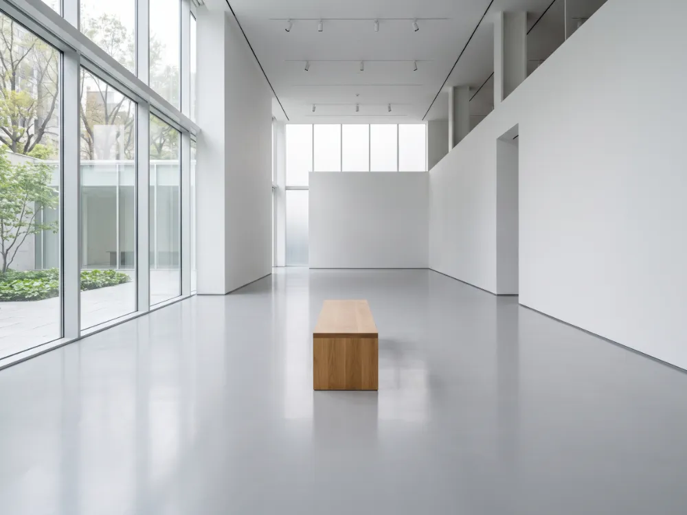 Gallery space with a seamless pale gray leveled and coated floor and a wooden bench