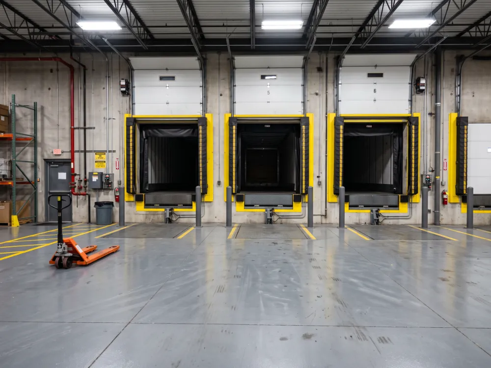 Warehouse loading dock with a high-build gray epoxy floor at the dock doors