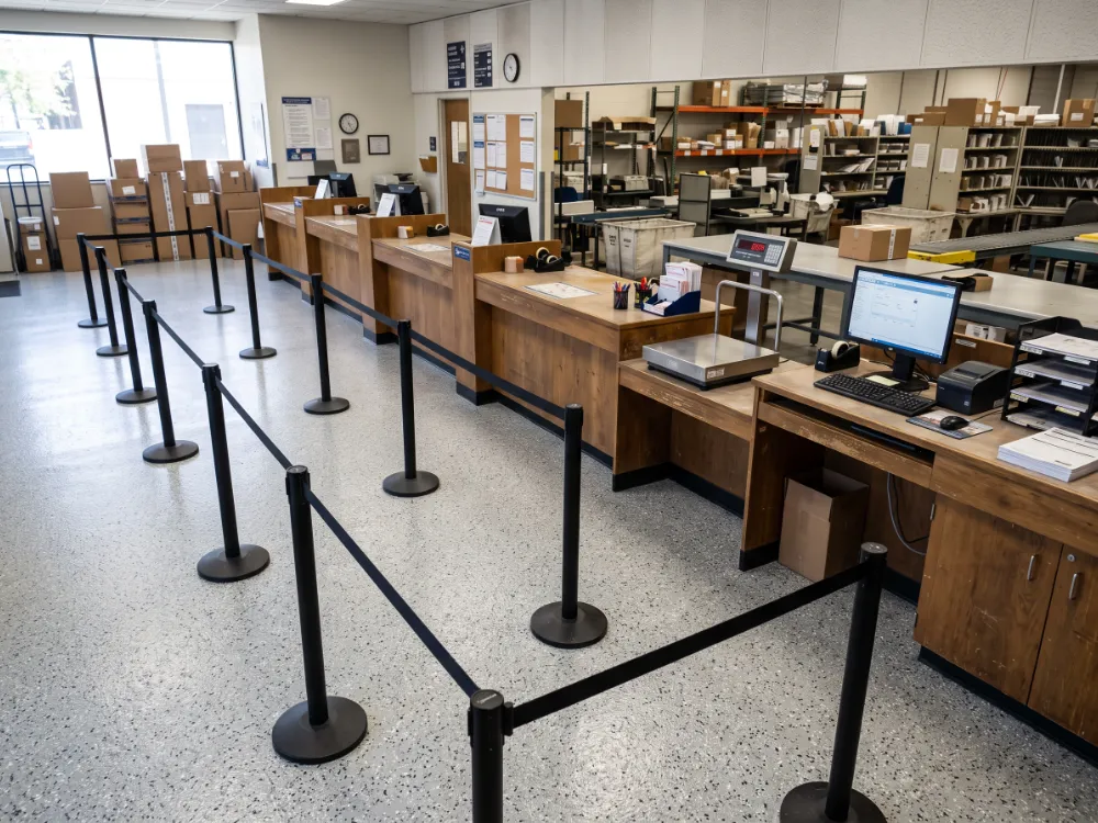 Service counter area with a light gray flake epoxy floor and queue lane