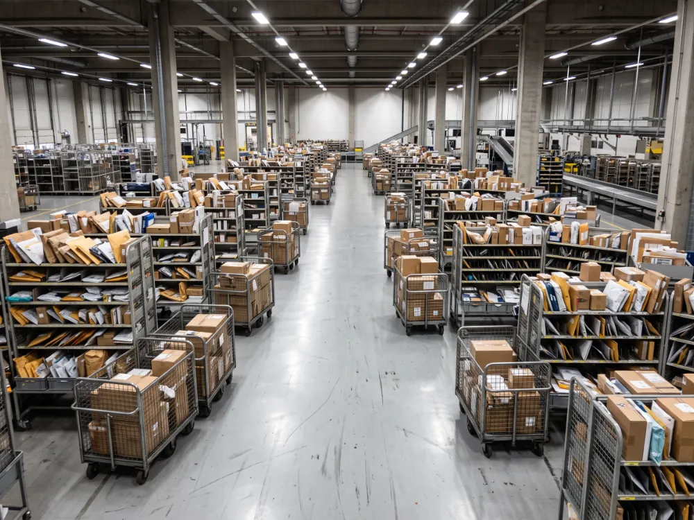 Mail sorting floor with wheeled carts on a high-build epoxy surface