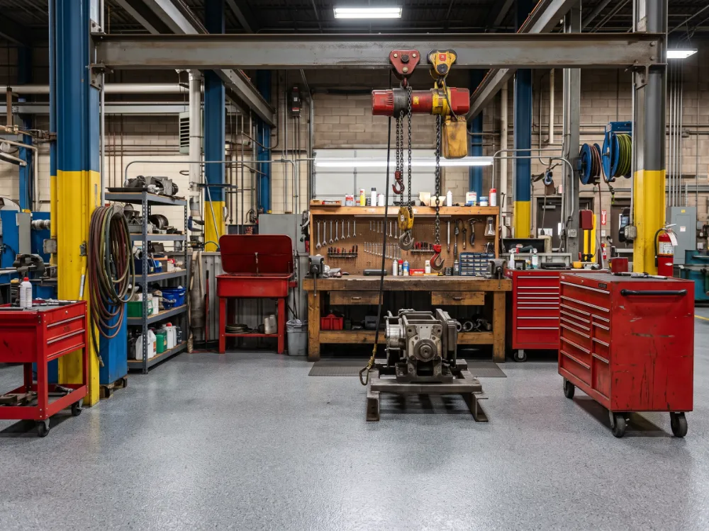 Plant maintenance bay with a gray flake epoxy floor and tool chests