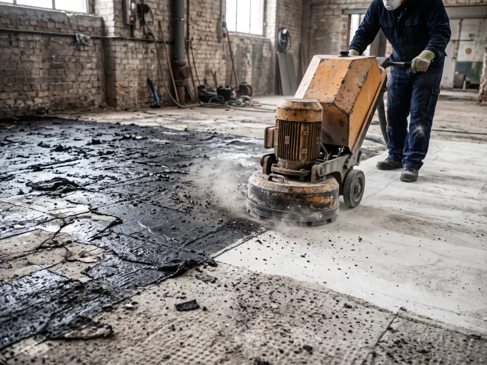 Black mastic adhesive being ground off a slab after tile removal, half clean concrete