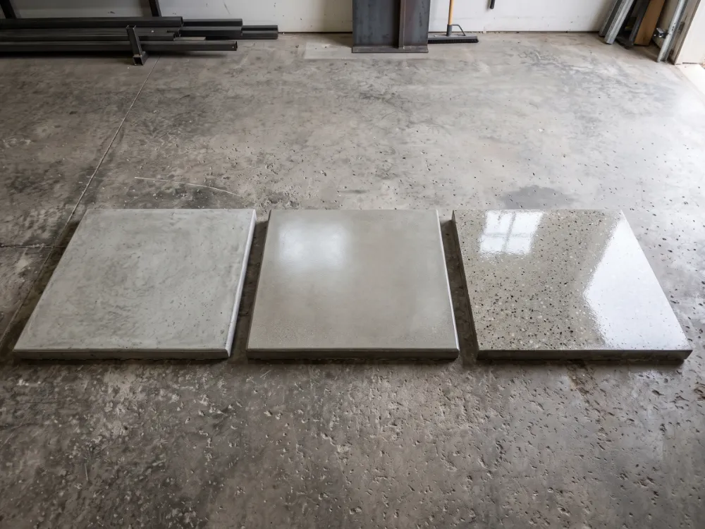 Three sample squares showing matte satin and gloss clear sealer finishes on concrete