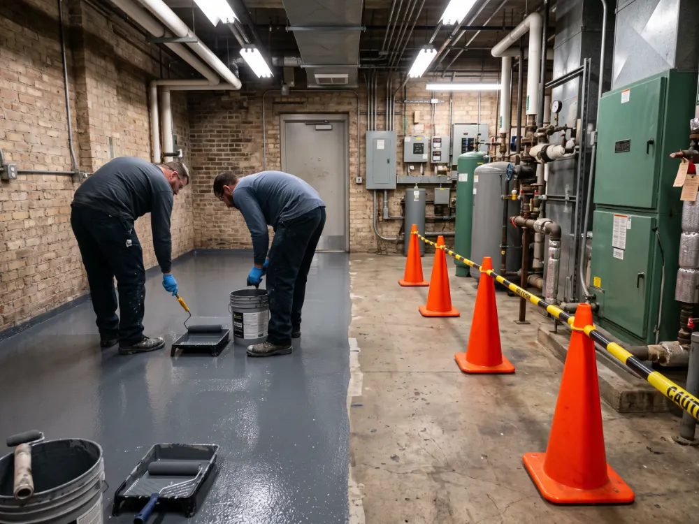 Technicians coating half a mechanical room with equipment accessible