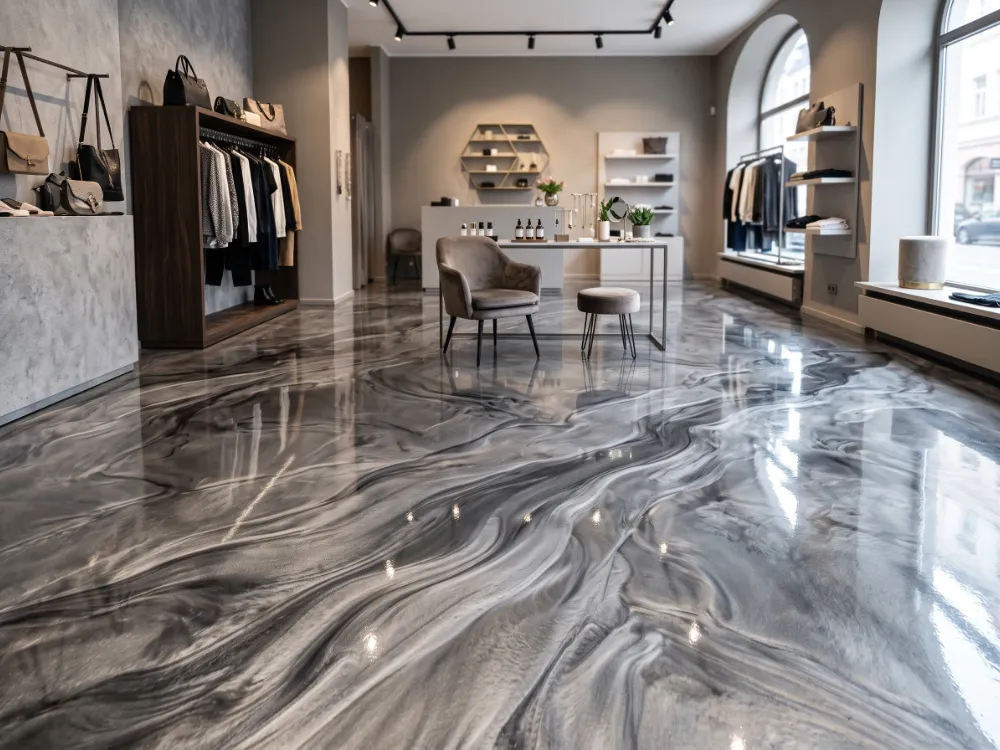 Silver and charcoal marbleized metallic epoxy floor in a boutique interior