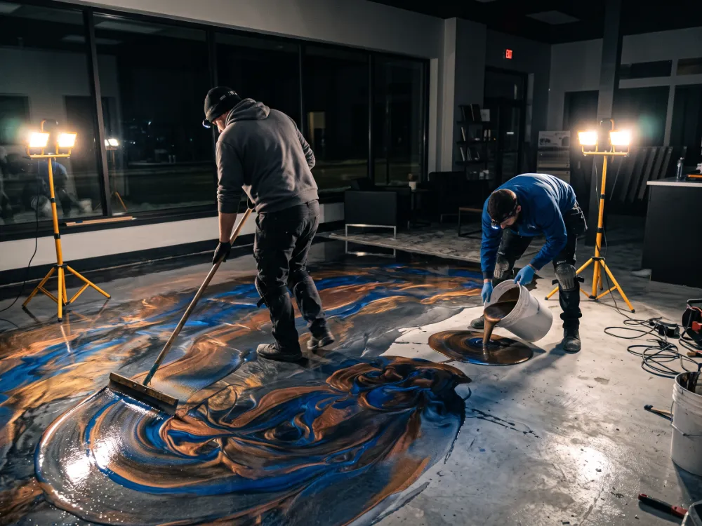 Technicians pouring metallic epoxy across a showroom floor at night
