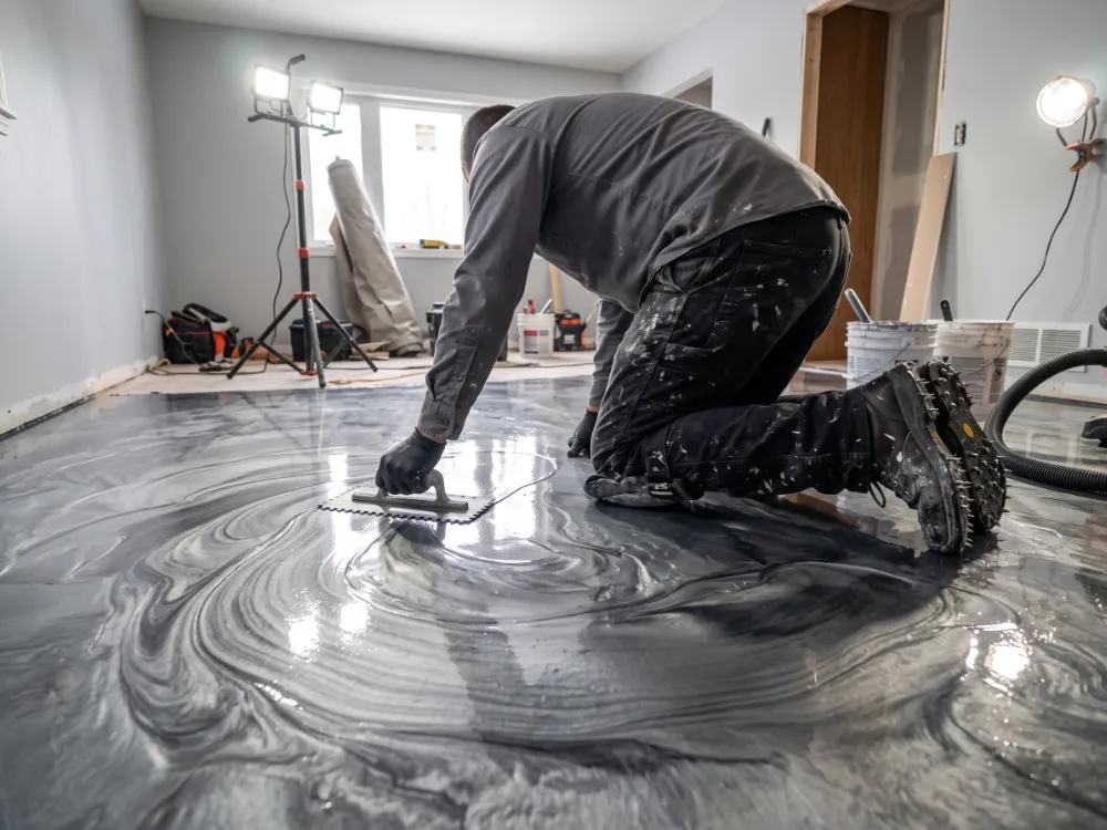 Installer hand-troweling flowing silver and gray metallic pigment into a wet epoxy floor