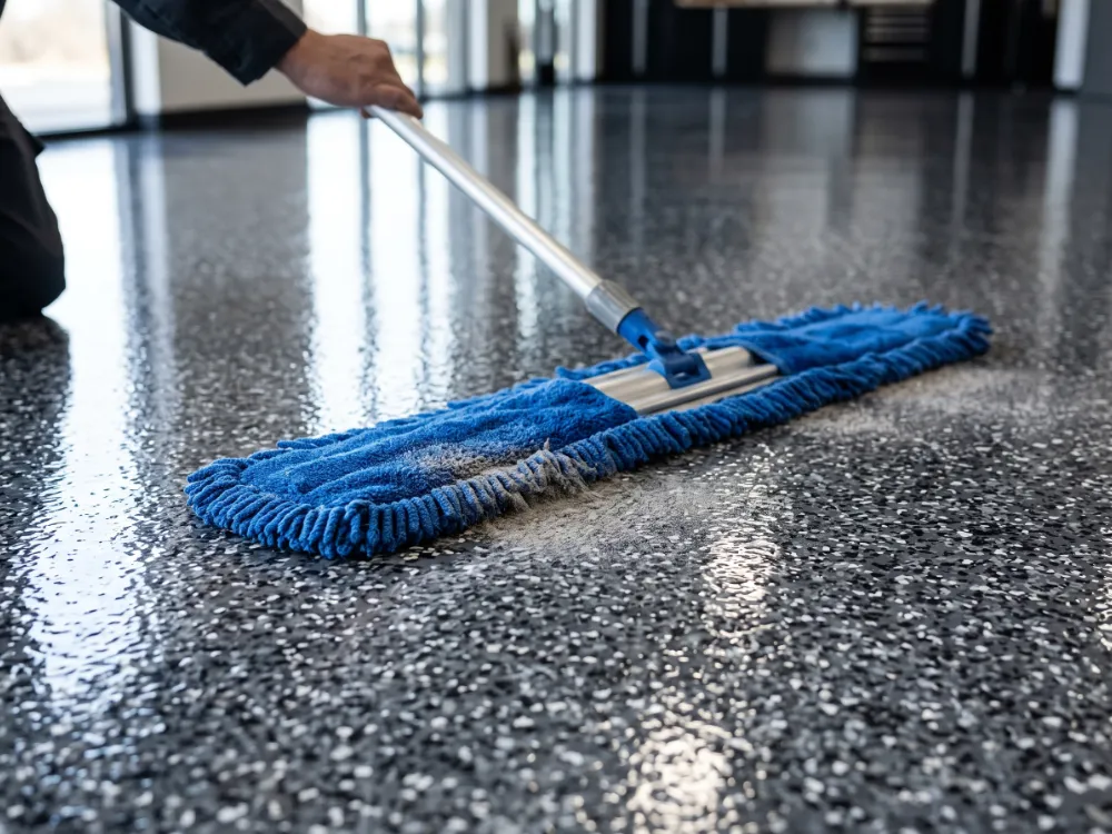 Wide microfiber dust mop gliding across a glossy flake epoxy floor collecting dust