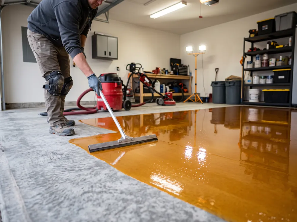 Squeegee spreading amber moisture-barrier epoxy basecoat across ground concrete