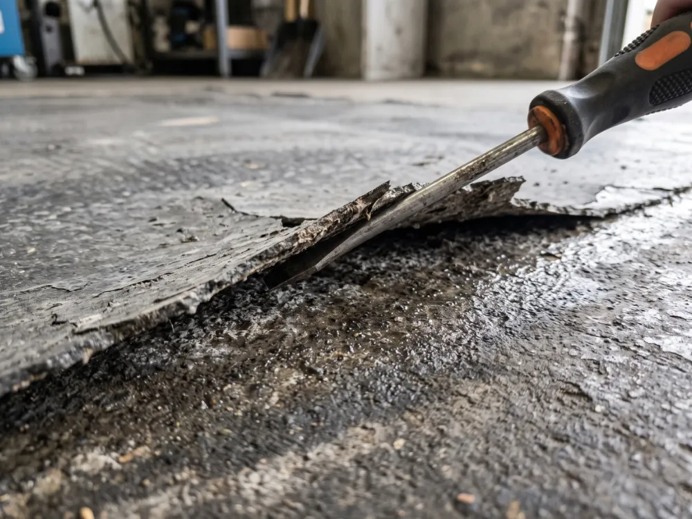 Sheet of old epoxy lifted from damp concrete showing moisture-caused delamination