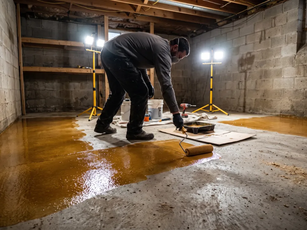 Installer rolling an amber moisture-vapor-barrier epoxy basecoat onto a bare basement slab
