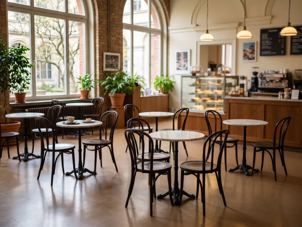 Museum cafe with a warm taupe satin epoxy floor
