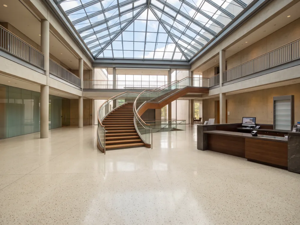 Museum atrium lobby with a cream terrazzo-look epoxy floor