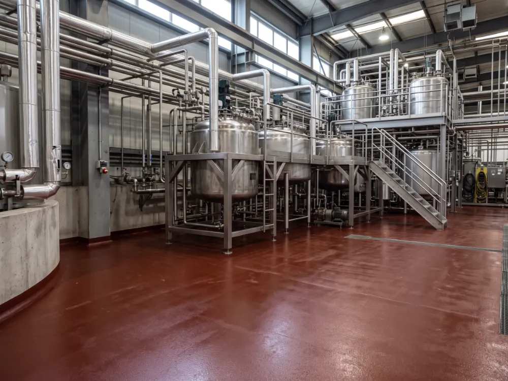 Chemical processing area with a Novolac epoxy floor and coved edges