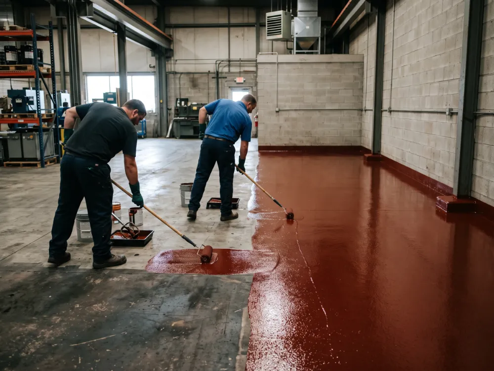 Technicians applying Novolac epoxy with rollers in an industrial room