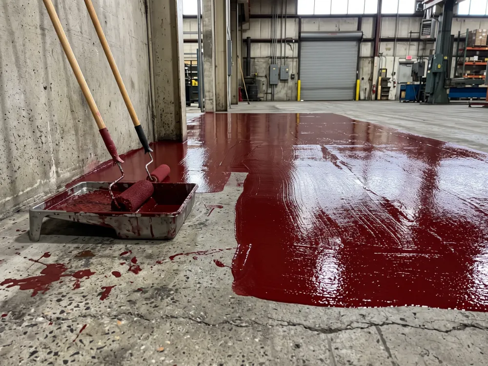 Rollers resting in a tray beside freshly applied dark red Novolac coating