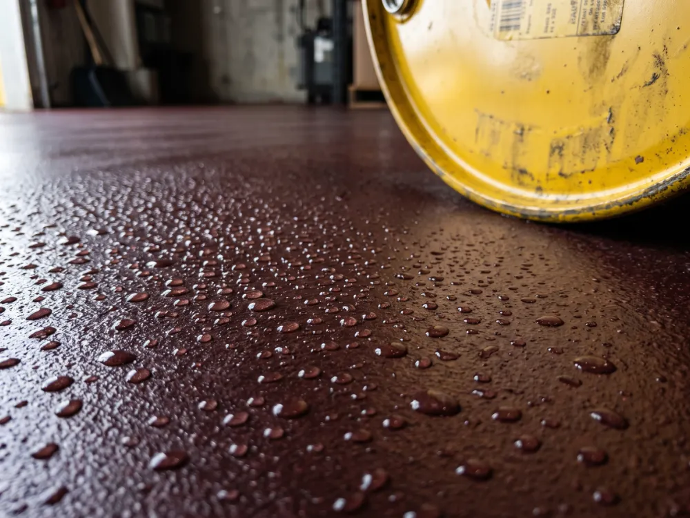 Close-up of a Novolac epoxy floor with chemical droplets beading