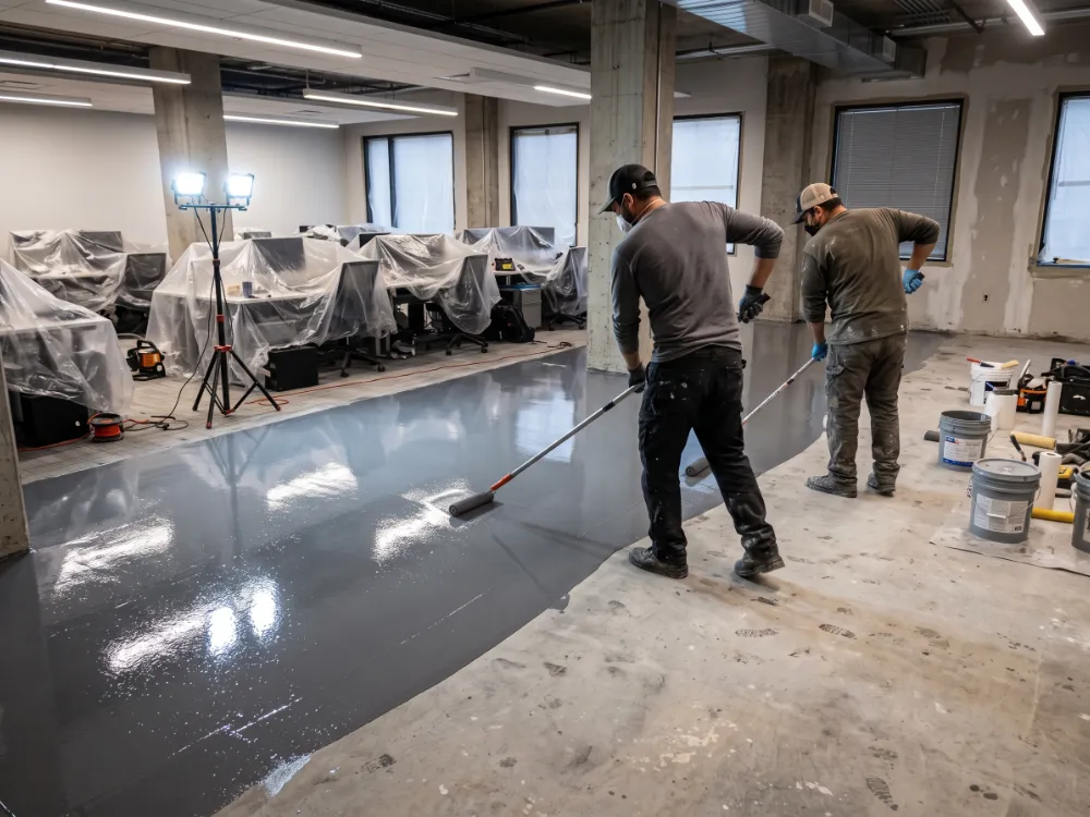 Technicians coating an office floor over a weekend with desks sheeted off