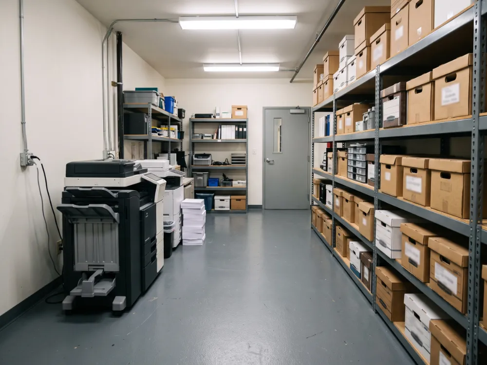 Office storage and copy room with a durable solid gray epoxy floor