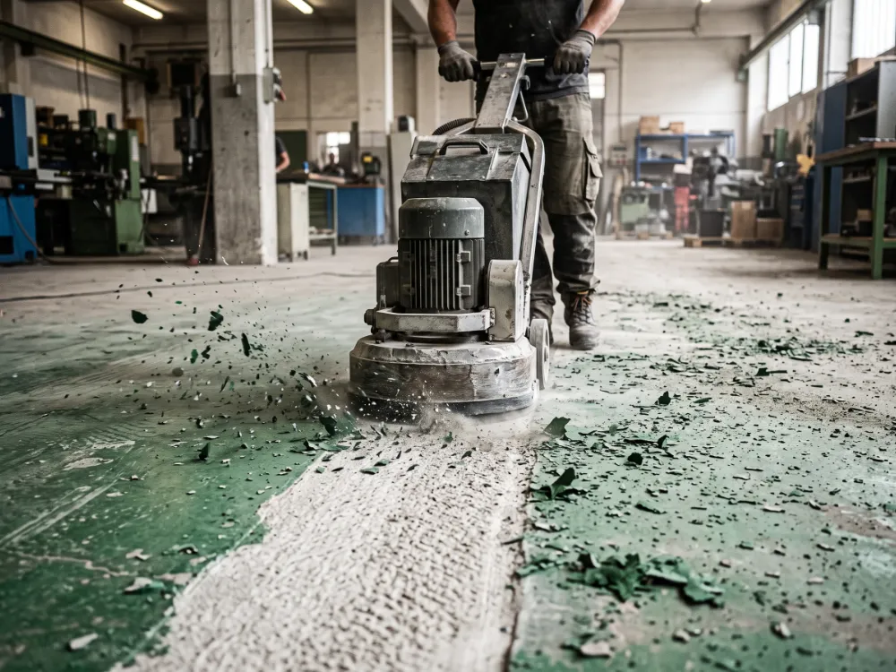 Grinder stripping old green epoxy paint off a concrete floor, clean trail behind the machine