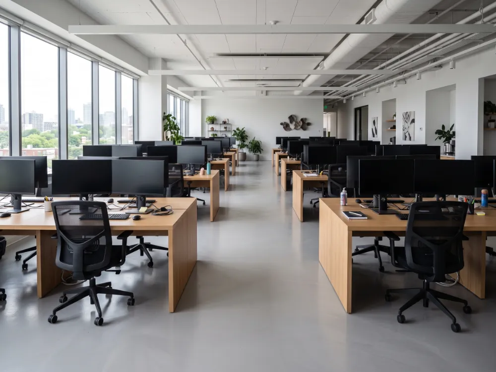 Open-plan office with a smooth light-gray self-leveling epoxy floor