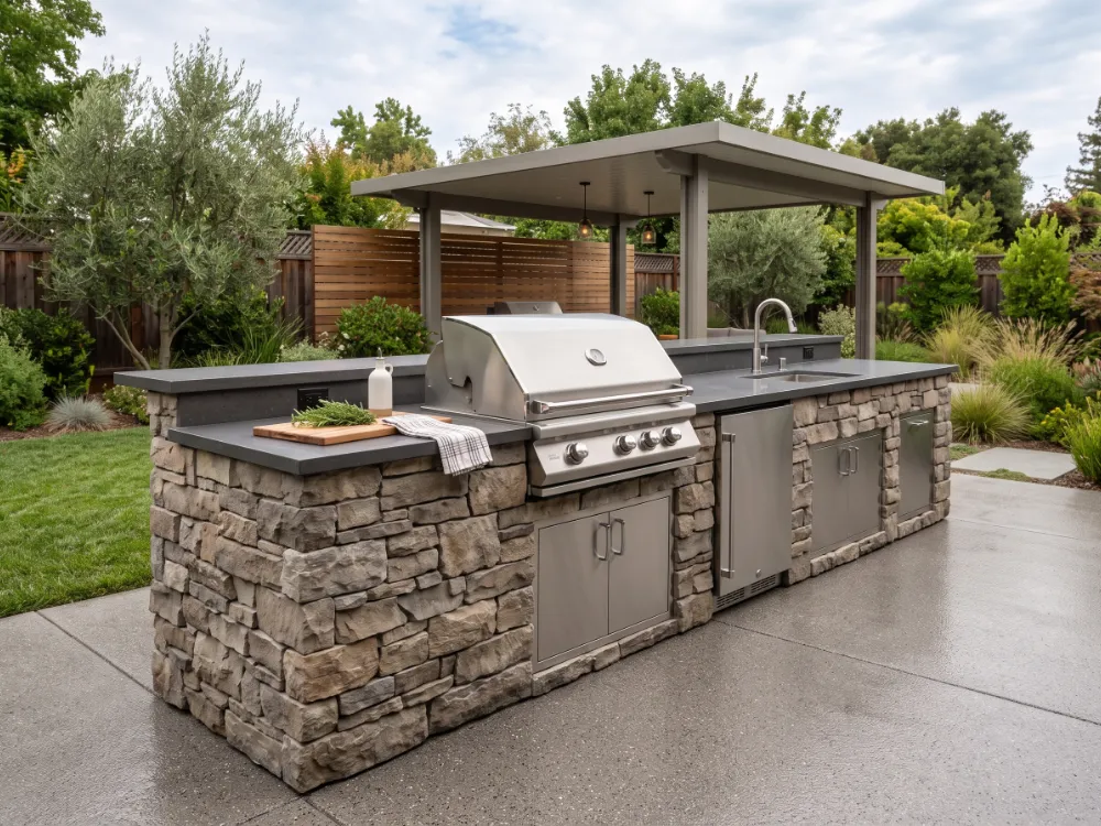 Outdoor kitchen and barbecue island on a seamless warm gray flake coated patio floor