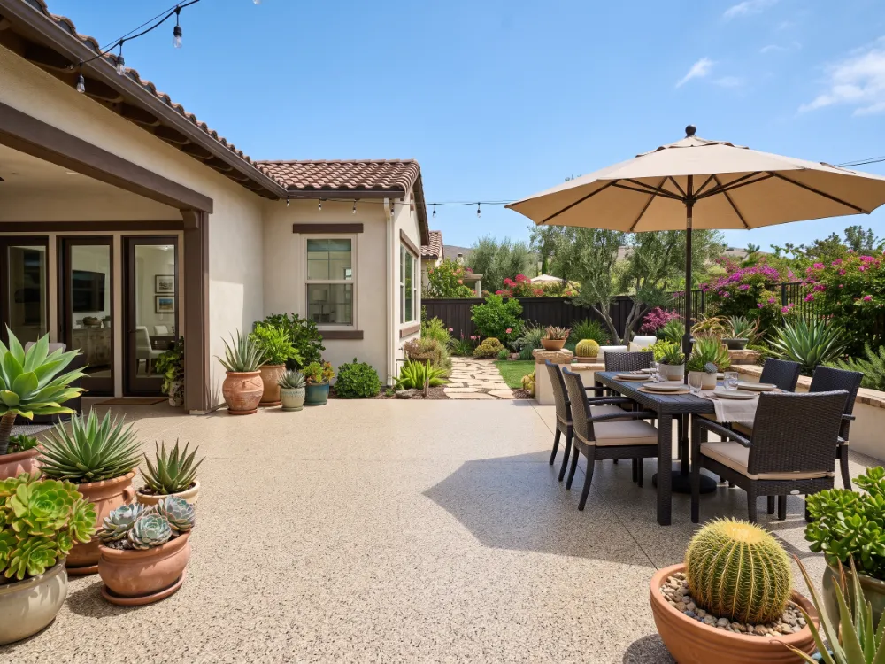 Backyard patio coated with a sand-tone flake system with slip-resistant satin finish