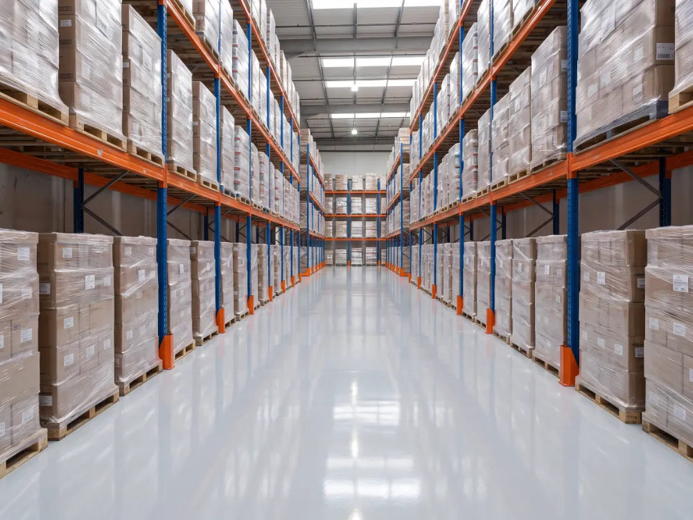 Warehouse pallet racking aisle with a seamless light-gray epoxy floor