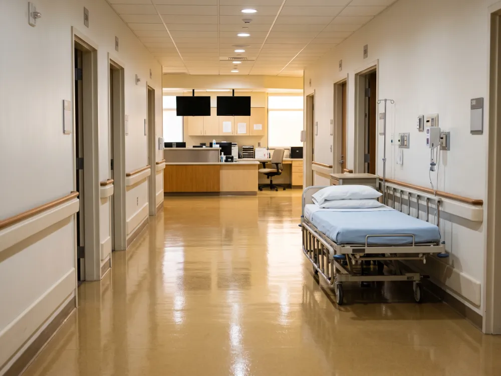 Patient wing corridor with a warm light epoxy floor and hospital bed