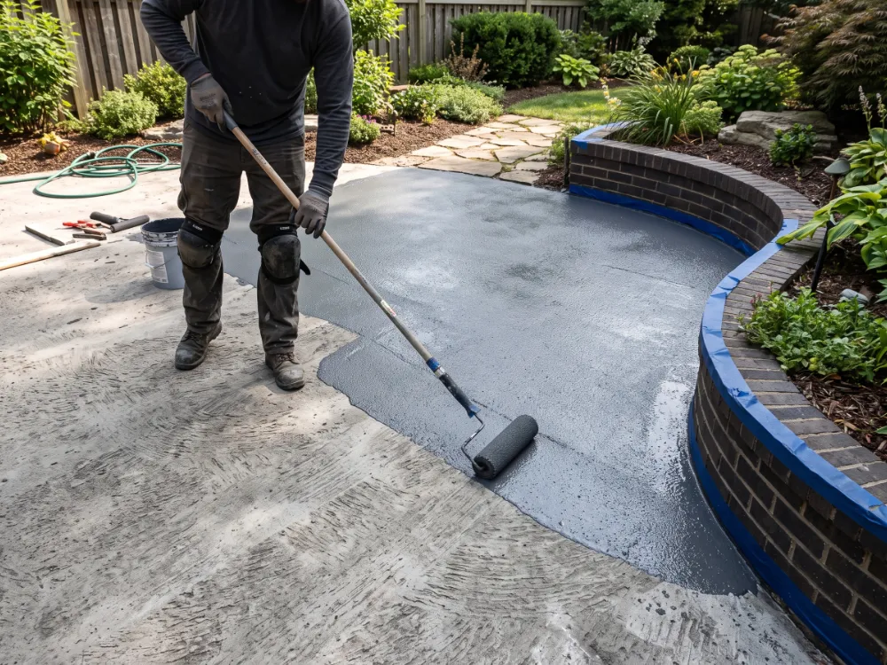 Installer rolling a pigmented basecoat across a prepared backyard patio slab