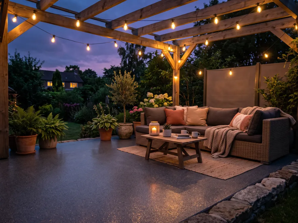 Cozy patio with string lights reflecting on a satin flake coated floor at twilight