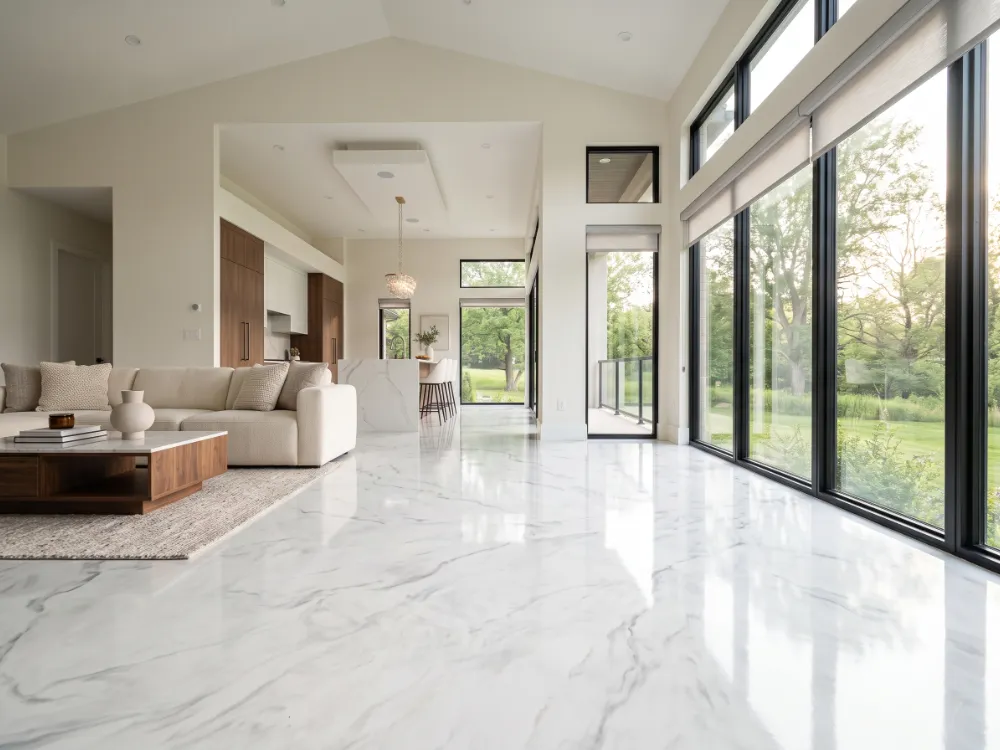 Bright interior with a white and pearl marbleized metallic floor with soft Carrara-like veining