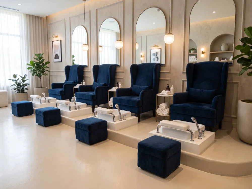 Pedicure chairs and basins above a seamless coved epoxy floor