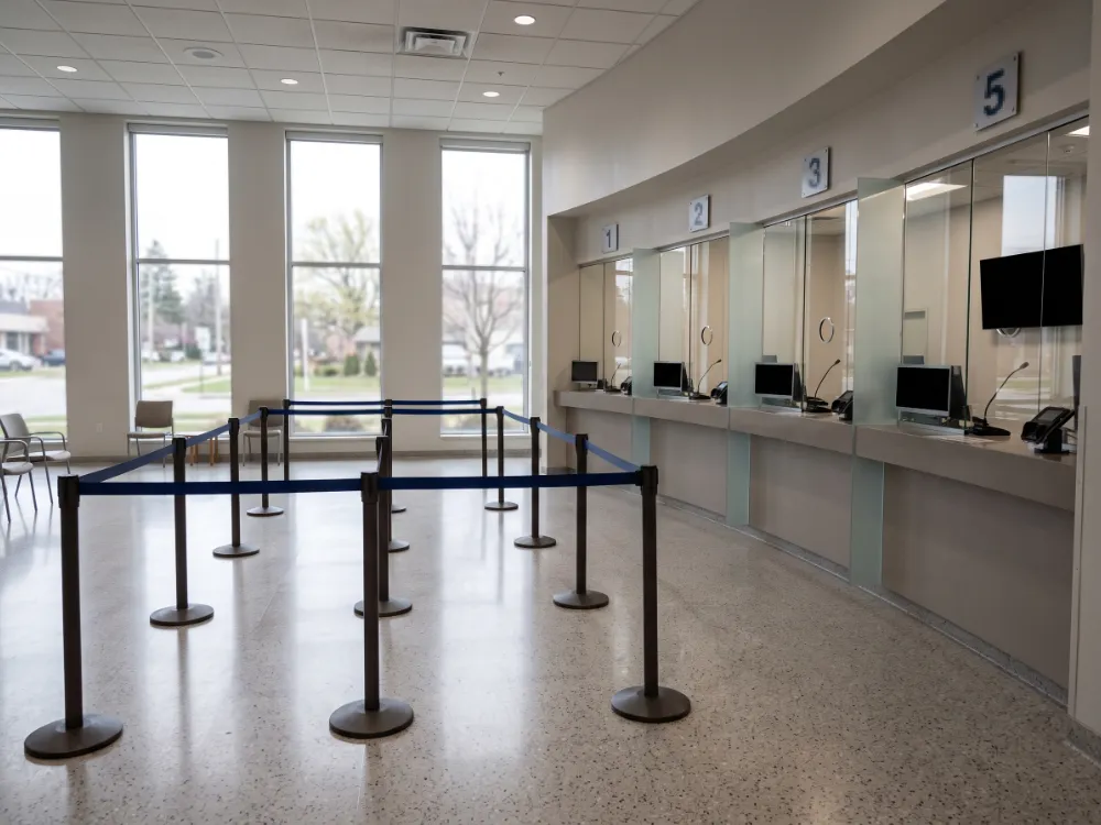 Municipal service counter area with a light terrazzo-look epoxy floor