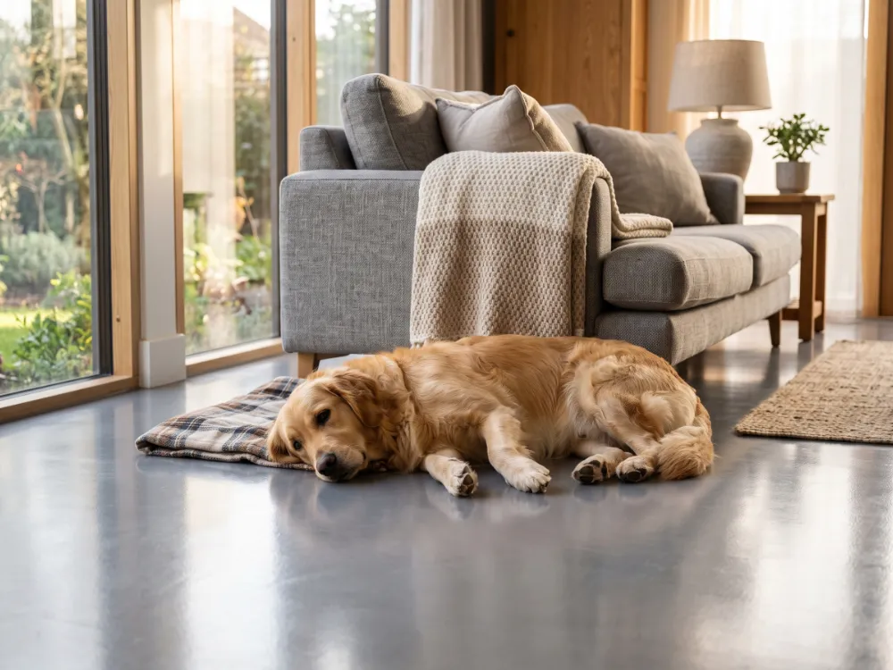 Golden retriever lying on a satin gray epoxy living room floor beside a sofa