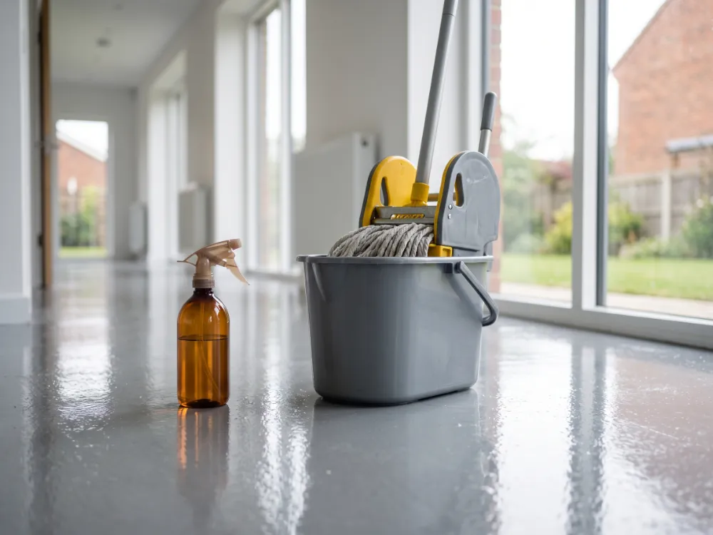 Plain spray bottle and bucket with a wrung mop on a glossy epoxy floor