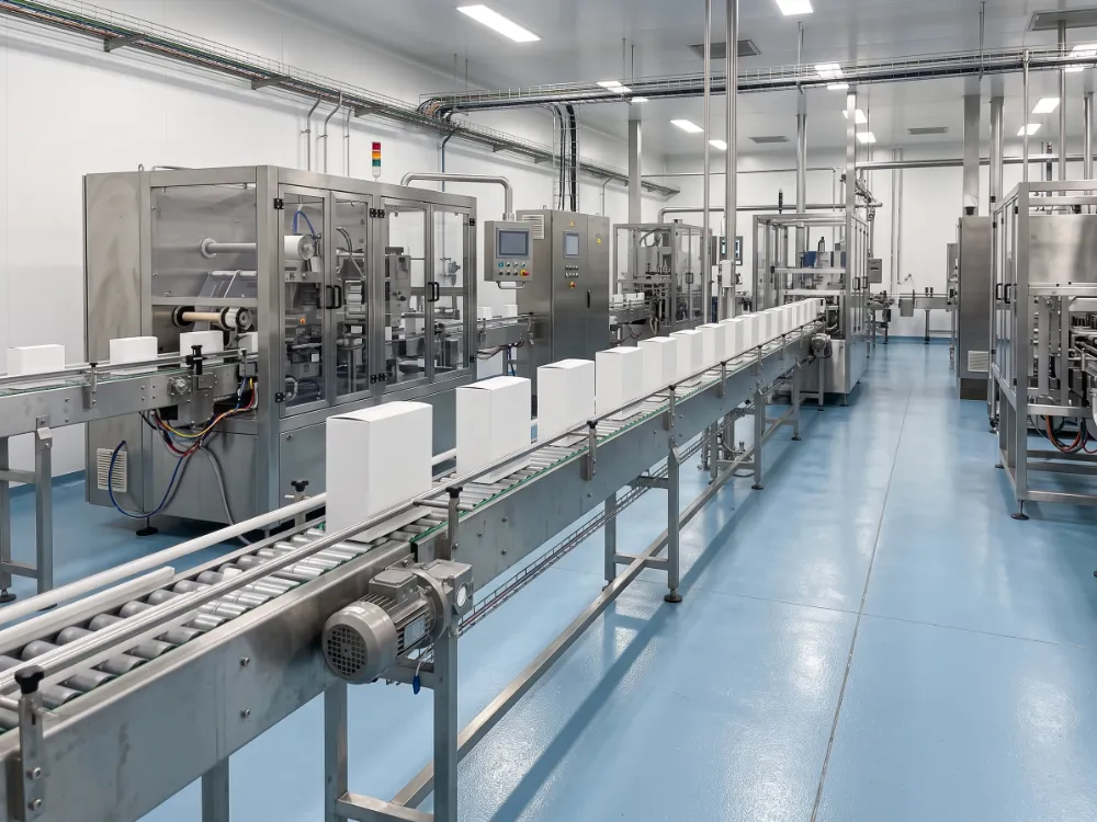 Pharmaceutical packaging area with a pale blue anti-static epoxy floor