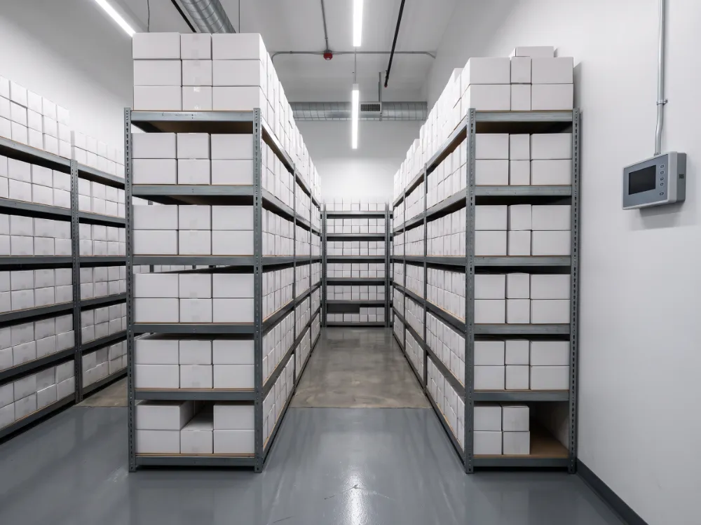 Pharmaceutical storage room with a sealed gray epoxy floor
