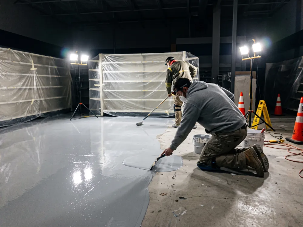 Technicians coating a pharmacy floor at night with shelving sheeted