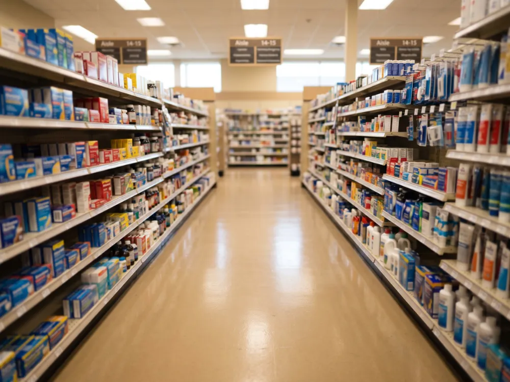Pharmacy retail aisle with a light warm epoxy floor