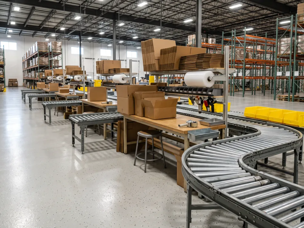 Warehouse pick and pack stations on a light flake epoxy floor