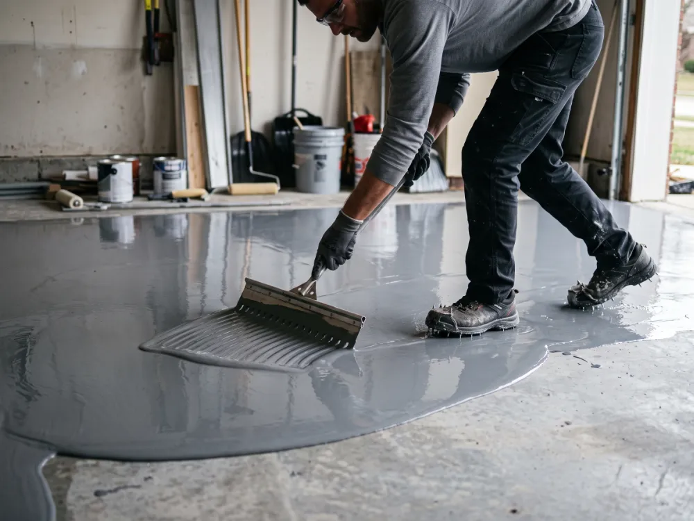 Installer in spiked shoes spreading wet pigmented gray epoxy with a notched squeegee