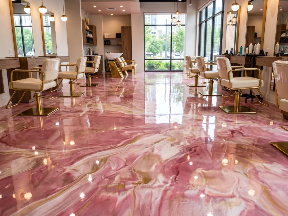 Pink and pearl marbleized metallic epoxy floor in a salon